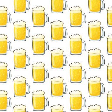 Çizgi film tarzında köpüklü, dikişsiz bira bardağı deseni. Alkolik bir içeceğin dokusu. Beyaz bir arka planda izole edilmiş. Bira sabıka arkaplanı