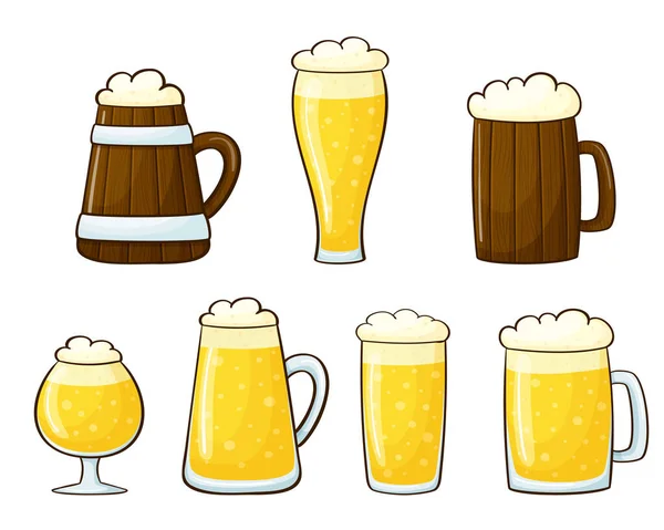 Conjunto Vetorial Canecas Cerveja Estilo Cartoon Ilustração Linear Isolada Sobre — Vetor de Stock