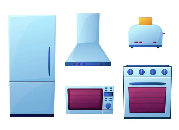 Vektorillustration Von Küchengeräten Kühlschrank Backofen Mikrowelle Toaster Cartoon Stil Vereinzelt — Stockvektor