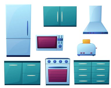 Mutfak elektrikli aletlerinin vektör çizimi. Çizgi film tarzında mutfak mobilyaları. Beyaz bir arka planda izole edilmiş. Buzdolabı, fırın, tost makinesi, kaput, mikrodalga fırın, dolaplar.