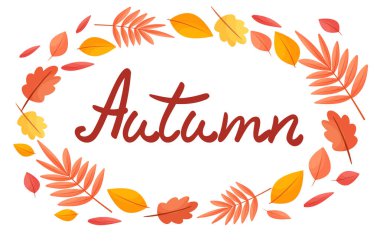 Sonbahar yapraklarının vektör çerçevesi. Sonbahar metni. Beyaz bir arkaplanda izole edilmiş.