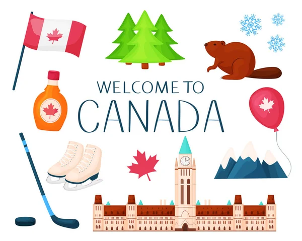 Conjunto Ilustración Vectorial Estilo Dibujos Animados Bienvenido Canadá Viaja Por — Archivo Imágenes Vectoriales