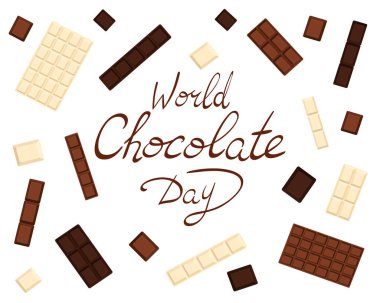 World Chocolate Day. Sweets frame vector illustration. Lettering. Set of different chocolate bars in cartoon style. Isolated on white background