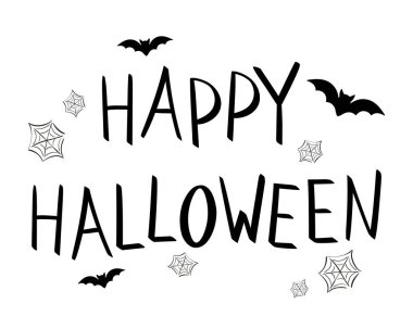 Mutlu Cadılar Bayramı mektupları. Beyaz arka planda izole edilmiş. Siyah harflerle vektör metni. Yarasalar ve örümcek ağları