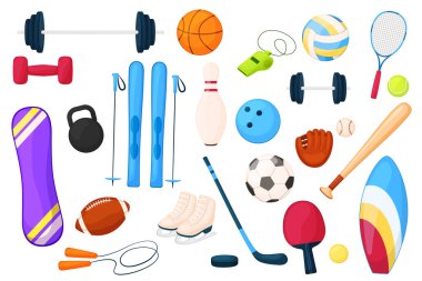 Çizgi film tarzında spor aletleri. Spor için vektör koleksiyonu. Beyaz arka planda izole edilmiş. Halterler, toplar, halterler, raketler
