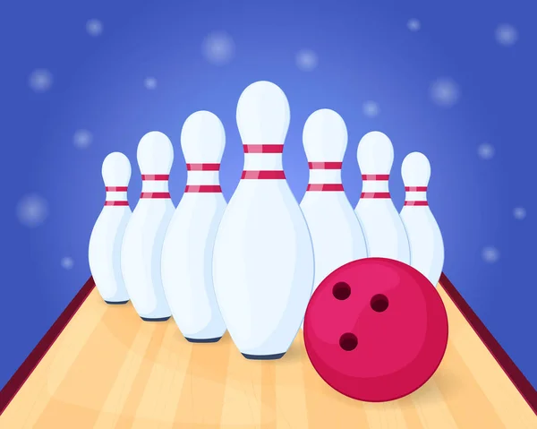 Bowling Estilo Cartoon Cartaz Vetor Ilustração Pinos Boliche Bola —  Vetores de Stock