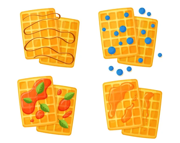 Vector Set Belgian Waffles Different Fillings Delicious Pastries Cartoon Style — Stockový vektor