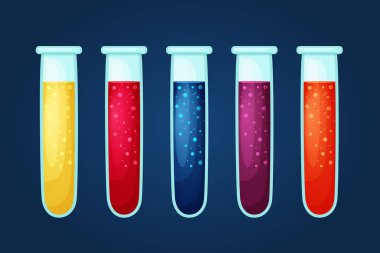 Esmer arka planda maddesi olan kimyasal şişeler. Çizgi film tarzında iksirli mataralar. Baloncuklu sihirli sıvı vektör çizimi. Laboratuvardan gelen renkli test tüpleri.