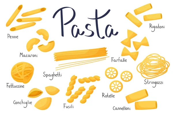 Set Italian Pasta Cartoon Style Types Pastes Names Vector Illustration — Stock Vector