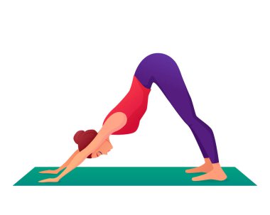 Yoga yapan kız köpek pozisyonunda. Yoga asanalar ve duruşlar. Çizgi film tarzında vektör illüstrasyonu. Beyaz arka planda izole edilmiş. Spor ve esneme