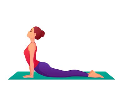Kobra Poz veren Yoga yapan Kadın. Çizgi film tarzında vektör görüntüsü. Beyaz arka planda izole edilmiş. Yoga pozları. Esniyorum. Spor aktiviteleri