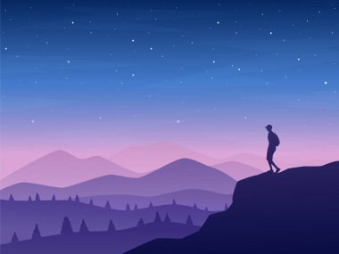 Dağ manzarası mor tonlarda. Kayadaki bir adamın silueti. Doğanın vektör illüstrasyonu. Boş zaman ve seyahat. Gece gökyüzü