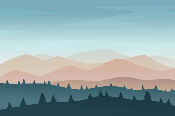 Paisaje Vectorial Colores Verde Naranja Cielo Montañas Banner Póster — Vector de stock