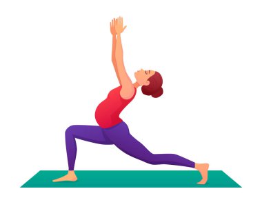 Yoga pozunda hamile bir kız. Çizgi film tarzında vektör görüntüsü. Hamile kadınlar için pilates ve esneme hareketleri. Beyaz arkaplanda izole