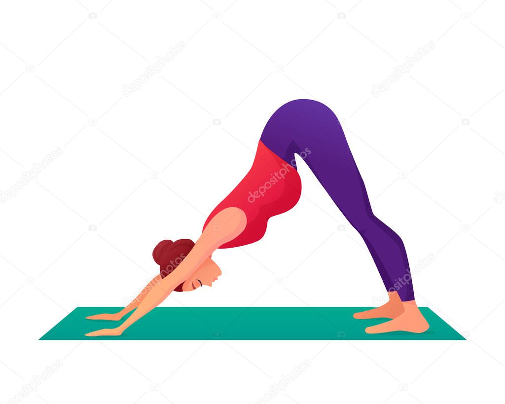 Pregnant girl in a downward facing dog yoga pose. People in cartoon style vector. Isolated on white background. Sport and health