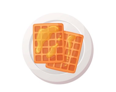 Tabakta çizgi film tarzında Belçika waffle 'ları. Beyaz arka planda izole edilmiş. Kahvaltı.