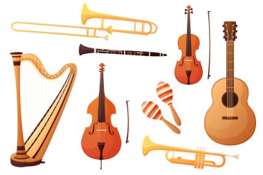 Çizgi film tarzında müzik aletleri. Beyaz arka planda izole edilmiş. Orexter vektör çizimi. Rüzgar, teller, klasik enstrümanlar. Müzik ve sanat