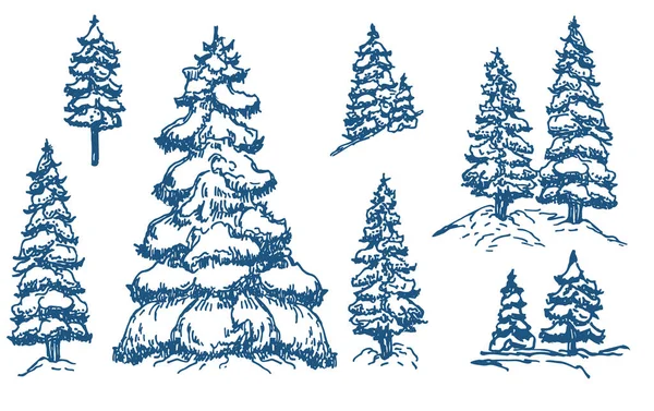 Набор набросков рождественских елок. Коллекция черно-белых рождественских елок. Векторная иллюстрация — стоковый вектор