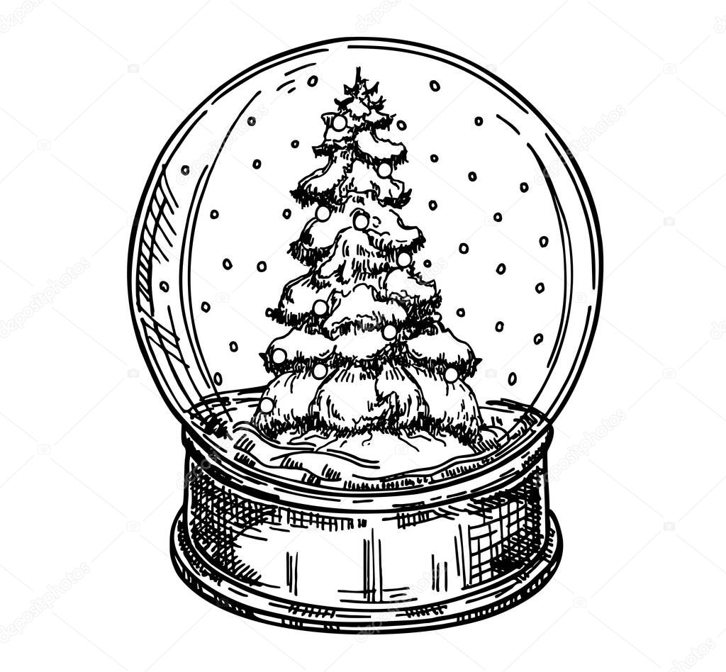 Toy glass snow globe with winter tree inside. Winter decorative Hand drawn vector illustration