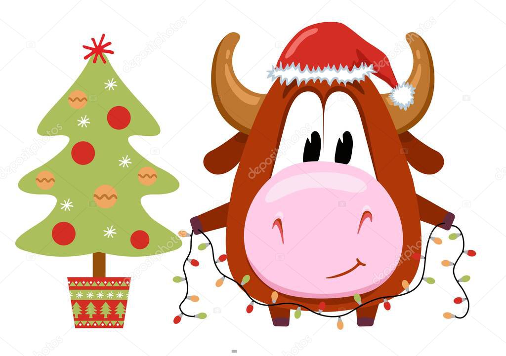 The symbol of 2021 is cute cow or bull. Character for a children s book or postcard. A calf in a red hat decorating a Christmas tree.