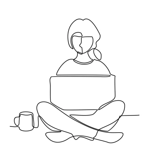 Disegno continuo di una linea di giovane ragazza seduta con laptop e tazza di caffè — Vettoriale Stock