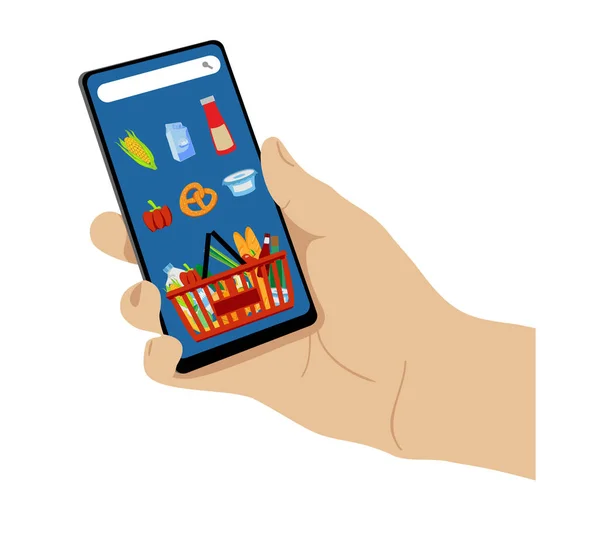 Comida on-line encomendar a partir de supermercado usando aplicativo móvel. Conceito de loja online. Ilustração vetorial. —  Vetores de Stock