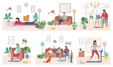 Farklı insanlar zaman harcıyor. Vektör çiziciyi ayarla. Düz