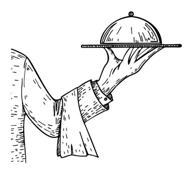 Tepsi çizimi olan bir el. Freehand ana hatları siyah çizilmiş resim sipariş amblemi imzası kabataslak
