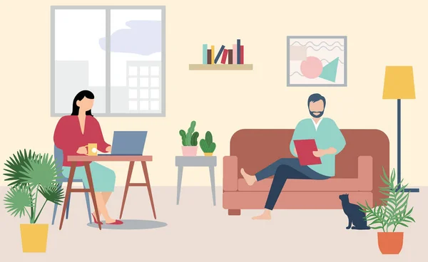 Man and woman sitting on couch and working on laptop. Family working from home — Stock Vector