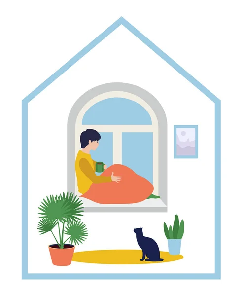 Γυναίκα κάθεται σε ένα σπίτι δίπλα στο παράθυρο. Ισορροπημένος και υγιεινός τρόπος ζωής — Διανυσματικό Αρχείο