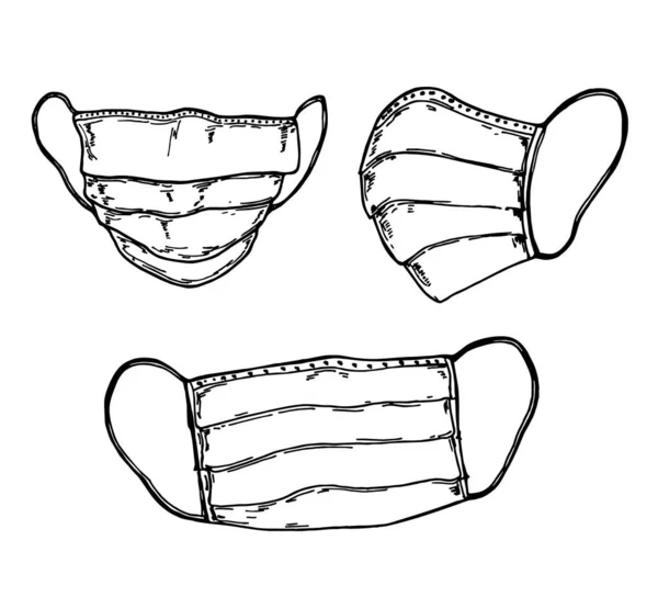 Sketch Medical Face Mask. Mascarilla quirúrgica dibujada a mano. Juego de vektor — Archivo Imágenes Vectoriales