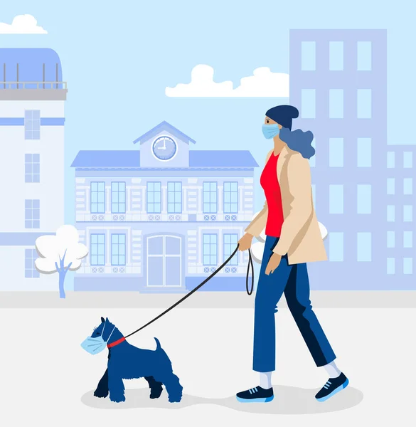 Mujer joven en máscara médica paseos el perro plana vector concepto ilustración. El dueño de la mascota camina con su mascota — Archivo Imágenes Vectoriales