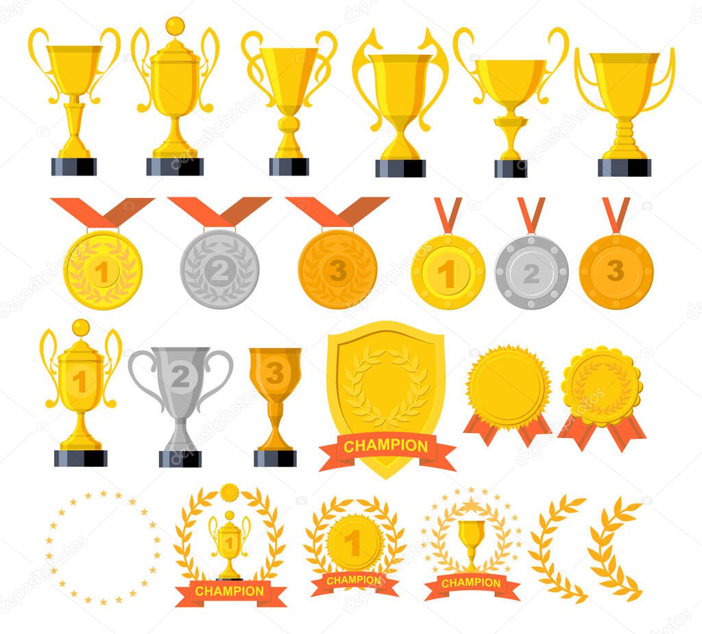 Trophy and awards icons set. Golden reward and gold trophy for championship. Vector illustration