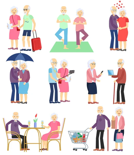 Ensemble de personnes âgées dans des situations différentes. Activités pour les seniors et les femmes — Image vectorielle