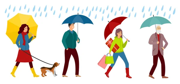 Personagens de pessoas com guarda-chuva. Homem e mulher sorridentes sob guarda-chuvas, no Outono. Dia chuvoso, pessoa andando ilustração vetorial colorido isolado no fundo branco —  Vetores de Stock