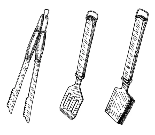 Grill tools image. barbecue Illustration. vintage sketch element for poster, packaging — Vettoriale Stock