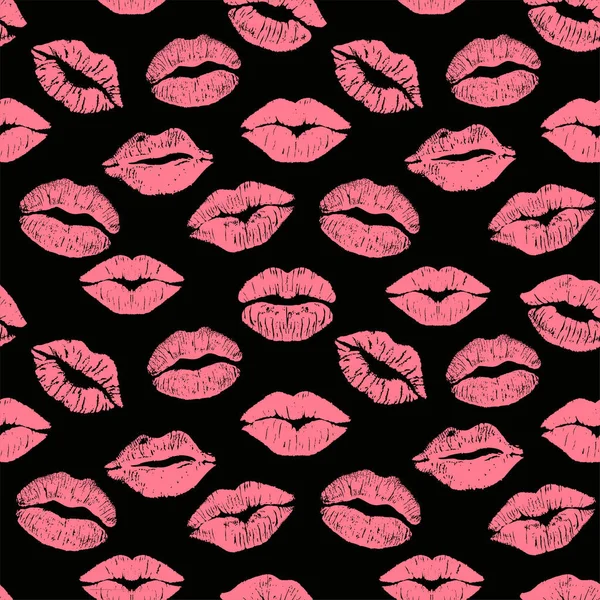 Модний безшовний візерунок з друкованими губами поцілунки, відбитки губ обгортковий папір. Всесвітній день поцілунку, День святого Валентина. Чорний фон — стоковий вектор