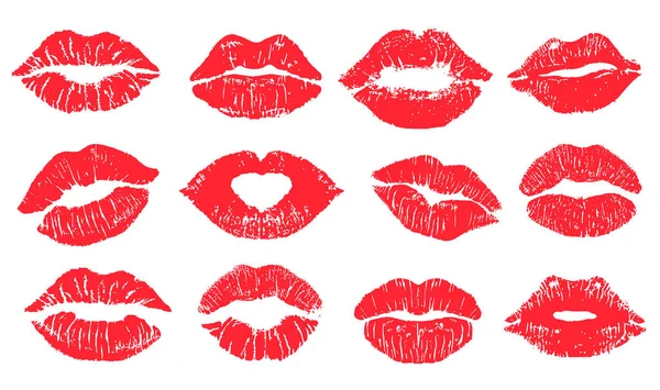 Lábios femininos batom beijo imprimir definido para dia dos namorados e ilustração do amor. Coleção de marcas de lábios com efeito grunge. Ilustração vetorial. —  Vetores de Stock