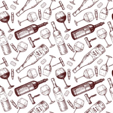 wine pattern, sketches, hand drawn seamless pattern. bottle, glass, corkscrew