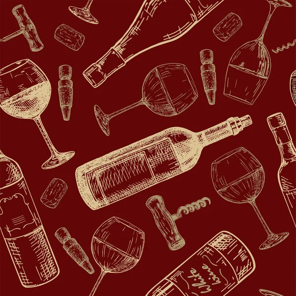 Wine pattern, sketches, hand drawn seamless pattern. bottle, glass, corkscrew — 스톡 벡터