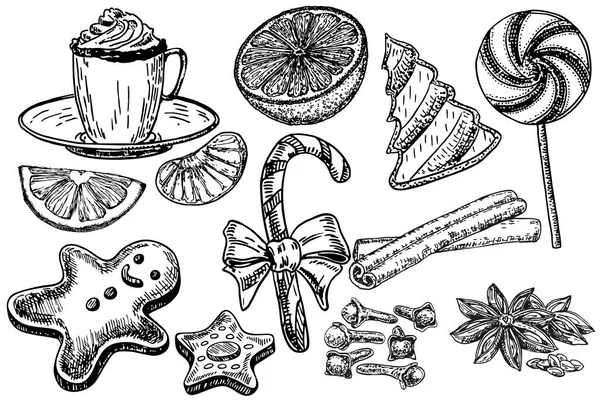 Weihnachts-Süßigkeiten-Set, handgezeichnete Skizze Illustration. Mandarinen, Kekse, Süßigkeiten, Gewürze. Vektor Sammlung von Skizzenobjekten. Vektorillustration des Süßigkeiten-Sets. Vintage handgezeichneter Gravurstil. — Stockvektor