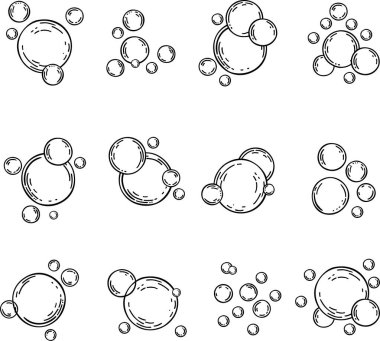 Vektör Bubbles düz çizgi simgeleri ayarlandı. Sabun köpüğü, köpüklü içecek, oksijen kabarcığı piktogramı, coşkulu etki vektör çizimleri, ana hatlar. Tasarım Ögeleri