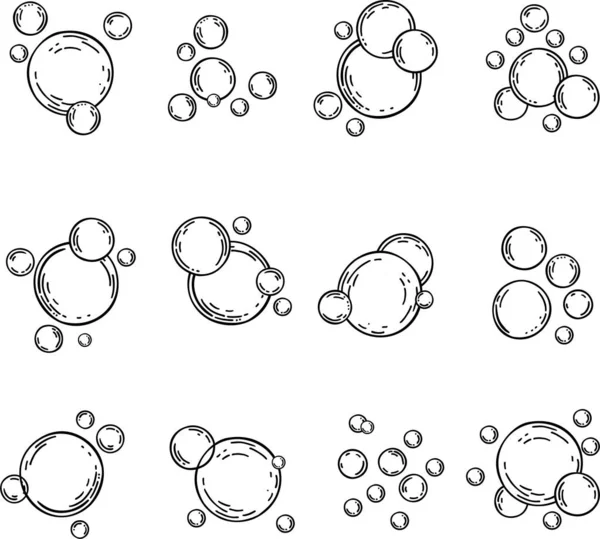 Vector Bubbles lapos vonalú ikonok beállítva. Szappanhab, szénsavas ital, oxigénbuborék piktogram, pezsgő effektus vektor illusztrációk, vázlatos jelek. Tervezési elemek — Stock Vector