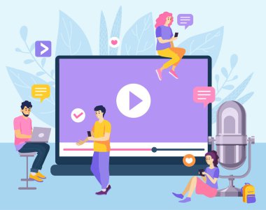 Canlı yayın, yayın konsepti. İnsanlar online video izleyip paylaşıyorlar. Dijital internet televizyonu, web video oynatıcısı veya sosyal medya canlı yayın vektör konsepti illüstrasyonu. Çevrimiçi video akışı