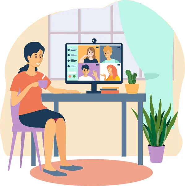 Donne che parlano in video chat. Videoconferenza. Ragazza sullo schermo del computer prendendo con il collega da videochat. Pagina web della videoconferenza. Resta e lavora da casa. Illustrazione moderna del vettore di progettazione piatta — Vettoriale Stock