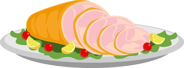 Smoked ham isolated, delicious sliced ham illustration for delicatessen uses. Illustration vector flat cartoon of food on happy Thanksgiving menu on dinner table as feast concept. Smoked pork. — Stock Vector