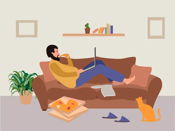 Nackdelar med distansarbete. Frilansare ligger på soffan och äter pizza. Fjärrarbetsproblem. Obekväma arbetsplatsförhållanden. Avlägsen nackdel på arbetsmarknaden. — Stock vektor