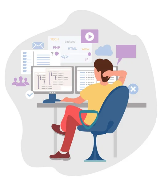 Programmer working on web development on computer. Concept of script coding and programming. Software developer. Professional employee at laptop. — Stock Vector