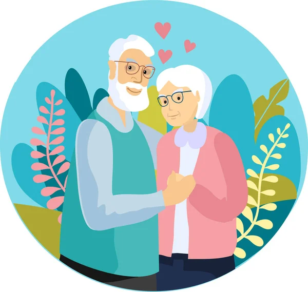 Το ηλικιωμένο ζευγάρι φροντίζει ο ένας τον άλλον. Συνταξιούχο ηλικιωμένο ζευγάρι χαμογελά Φροντίζοντας ηλικιωμένο ζευγάρι. Ευτυχισμένοι παππούδες φροντίζουν ο ένας τον άλλον, ερωτευμένοι, χαμογελαστοί ηλικιωμένοι αγκαλιάζουν ρομάντζο κινουμένων σχεδίων — Διανυσματικό Αρχείο