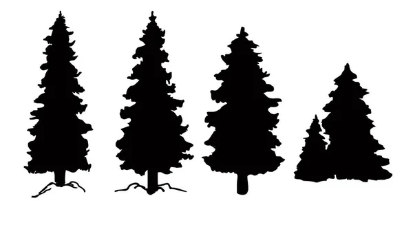 Conjunto de siluetas vectoriales de árboles de Navidad, contorno trazado, silueta detallada de abetos. Pinos, siluetas de coníferas — Vector de stock